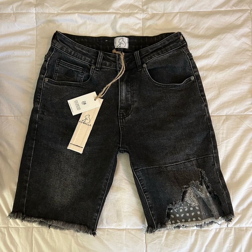 NWT Kuwalla Paisley Black Distressed Denim Shorts